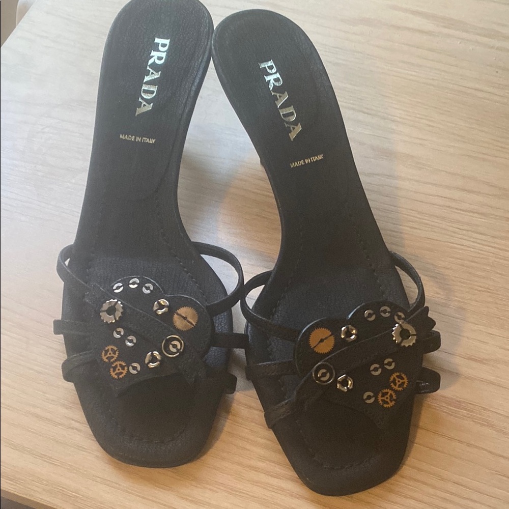 Prada Black Sandals with Gold Accents